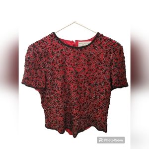 Papell Boutique Evening Designer Top Garnet sz S 100% SILK Lined Bea…